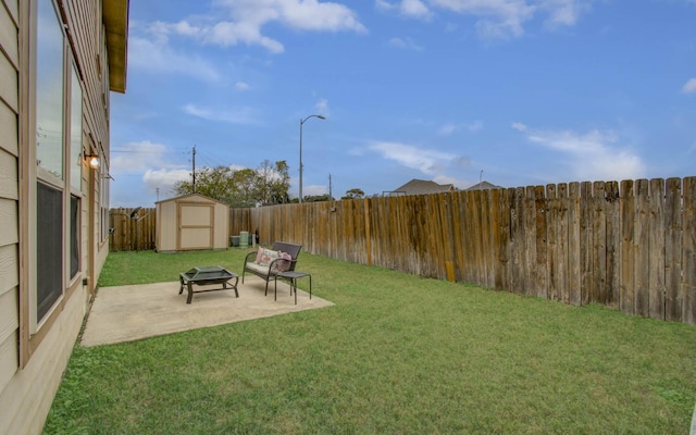 view of yard with a patio area and a storage unit