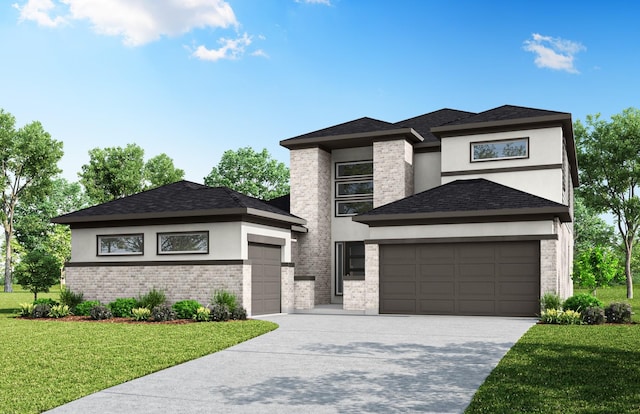 prairie-style house featuring a front lawn and a garage