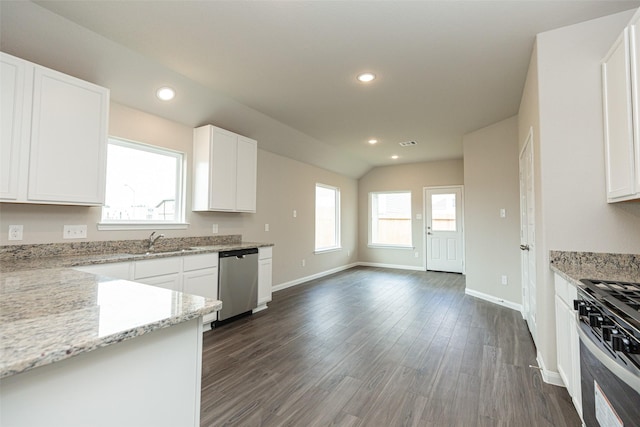 kitchen featuring light stone counters, stainless steel appliances, sink, white cabinets, and dark hardwood / wood-style floors