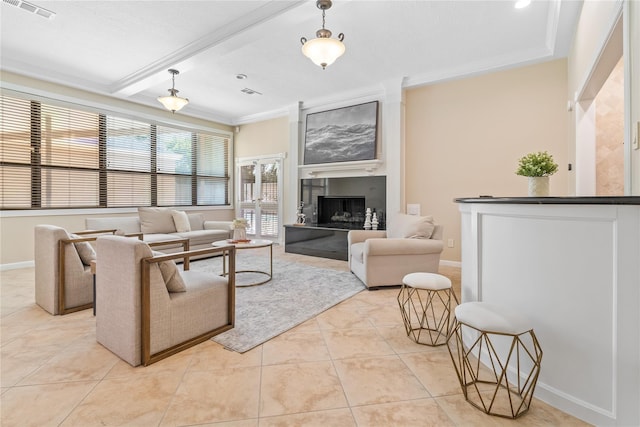 living room with beamed ceiling, crown molding, light tile patterned floors, and a fireplace