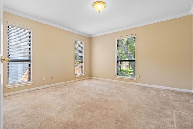 unfurnished room featuring light colored carpet, a healthy amount of sunlight, and ornamental molding