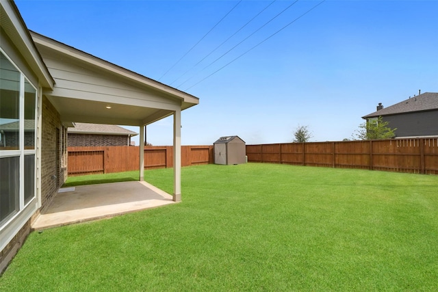 view of yard with a patio area and a shed