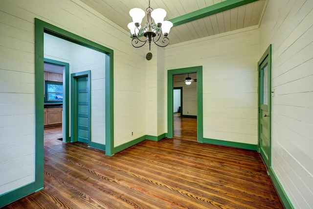 spare room with dark hardwood / wood-style flooring, wood ceiling, and ceiling fan with notable chandelier