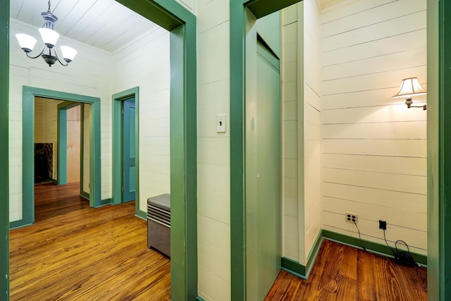 hallway with a chandelier, dark hardwood / wood-style floors, and wood walls