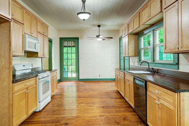 kitchen featuring ceiling fan, sink, pendant lighting, light hardwood / wood-style floors, and white appliances