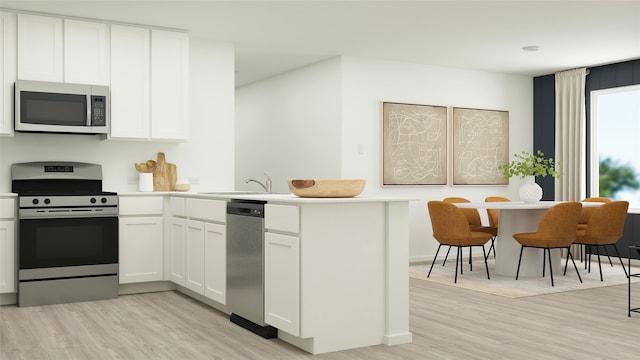 kitchen with white cabinets, sink, appliances with stainless steel finishes, light hardwood / wood-style floors, and kitchen peninsula