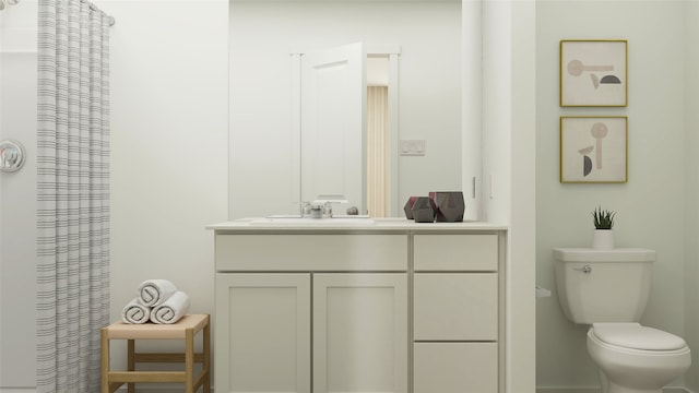 bathroom featuring toilet, a shower with shower curtain, and vanity