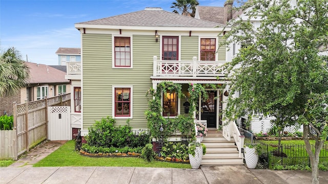 view of front of home with a balcony, fence, and a shingled roof