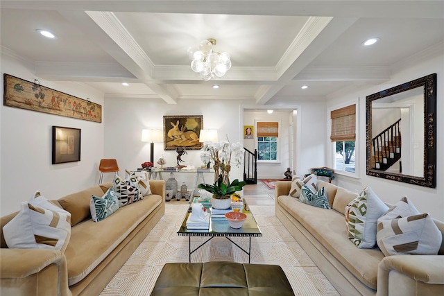 living room featuring beam ceiling, ornamental molding, and coffered ceiling