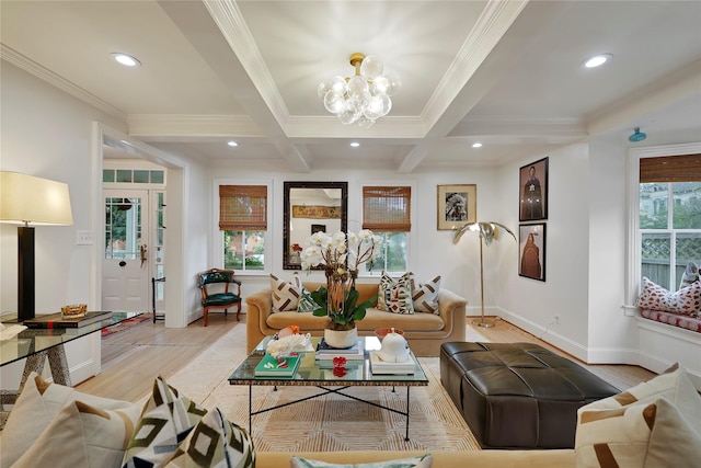 living room with beam ceiling, light hardwood / wood-style floors, a wealth of natural light, and coffered ceiling