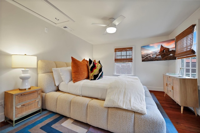 bedroom featuring ceiling fan, dark wood-type flooring, and multiple windows