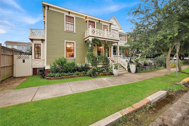 view of front of property with a balcony and a front lawn