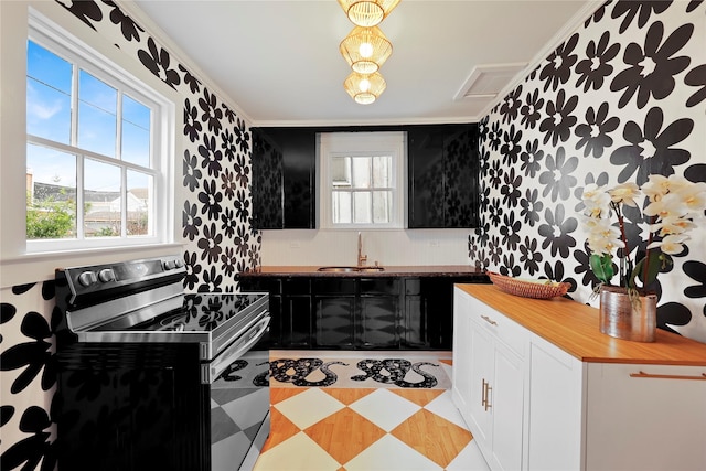 kitchen featuring stainless steel electric range oven, plenty of natural light, ornamental molding, and sink