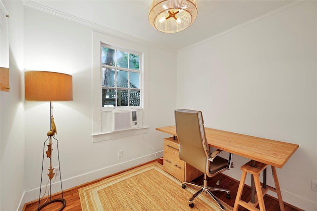 office space with crown molding, light hardwood / wood-style flooring, cooling unit, and a notable chandelier