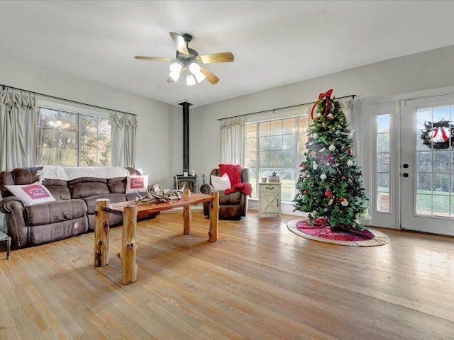 living room with light hardwood / wood-style floors, a wood stove, and plenty of natural light