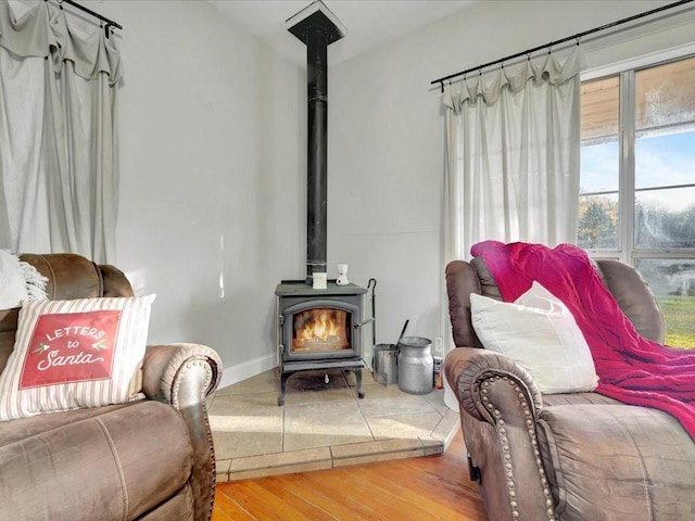 living room featuring wood-type flooring and a wood stove