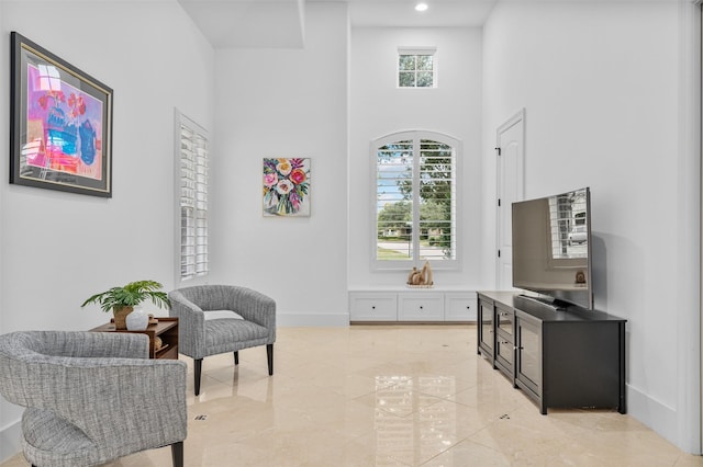 sitting room featuring a healthy amount of sunlight and a towering ceiling