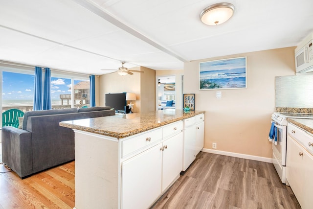 kitchen featuring white cabinetry, white appliances, kitchen peninsula, and light wood-type flooring