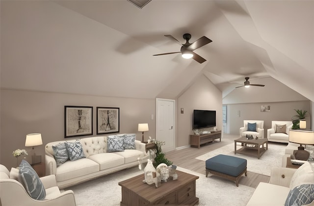 living room featuring ceiling fan, light hardwood / wood-style floors, and vaulted ceiling