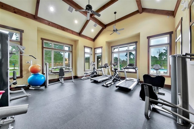 gym with plenty of natural light, ceiling fan, and high vaulted ceiling