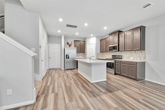 kitchen with sink, tasteful backsplash, an island with sink, appliances with stainless steel finishes, and light wood-type flooring