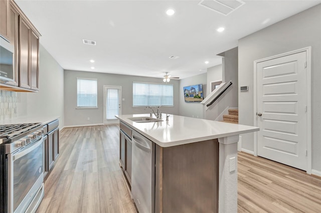 kitchen featuring appliances with stainless steel finishes, light wood-type flooring, an island with sink, and sink