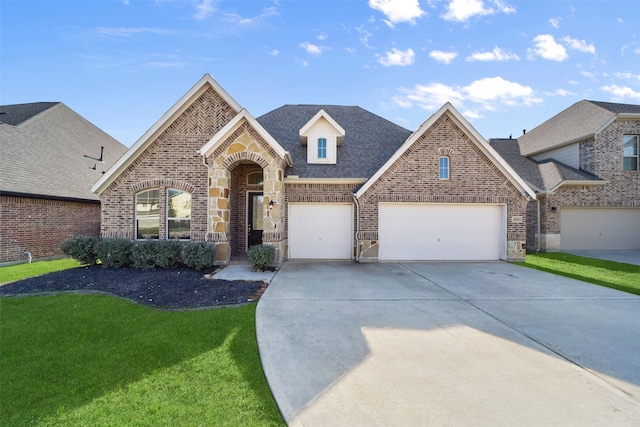 view of property with a garage and a front yard