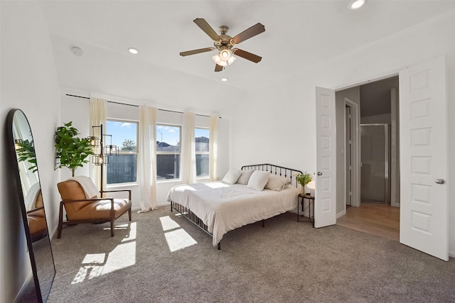 carpeted bedroom featuring ceiling fan