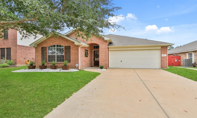 single story home featuring central AC, a front lawn, and a garage