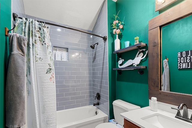 full bathroom with vanity, toilet, and shower / bathtub combination with curtain