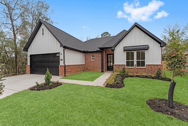 modern farmhouse with a garage and a front lawn