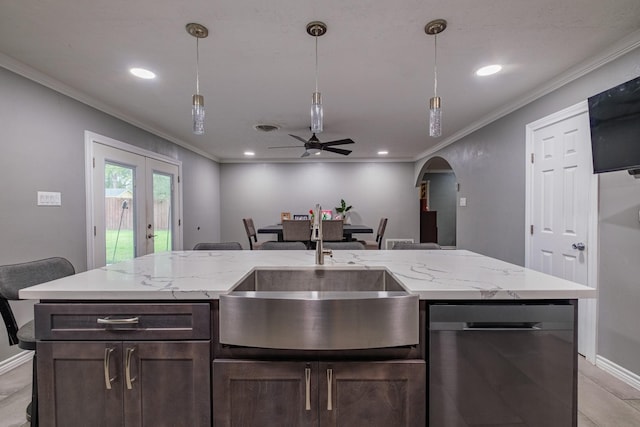 kitchen with french doors, sink, stainless steel dishwasher, ceiling fan, and decorative light fixtures