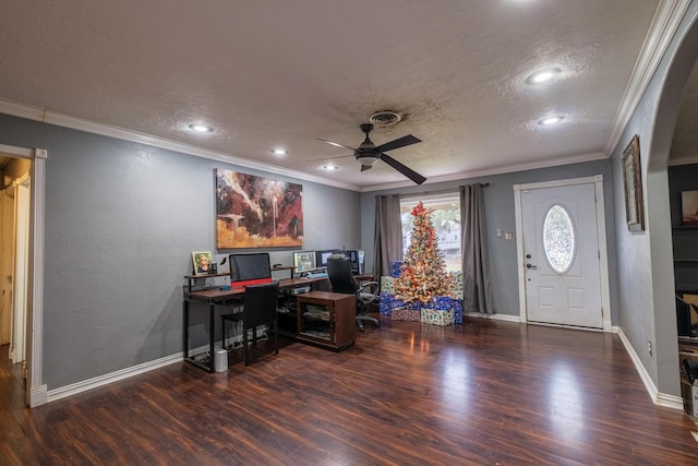 office area featuring ceiling fan, dark hardwood / wood-style flooring, a textured ceiling, and ornamental molding