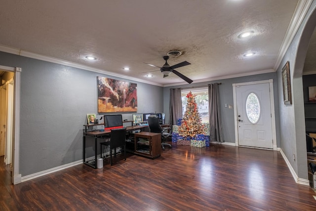 2007 Flynn Dr, Pasadena, TX 77502 - office area with wood finished floors, ornamental molding, a ceiling fan, baseboards, and a textured ceiling