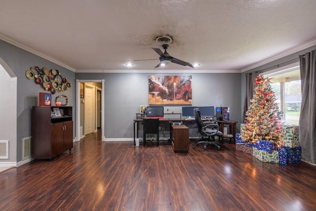 office with a textured ceiling, dark hardwood / wood-style flooring, ceiling fan, and crown molding