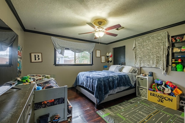 bedroom featuring ceiling fan, crown molding, dark hardwood / wood-style floors, and a textured ceiling