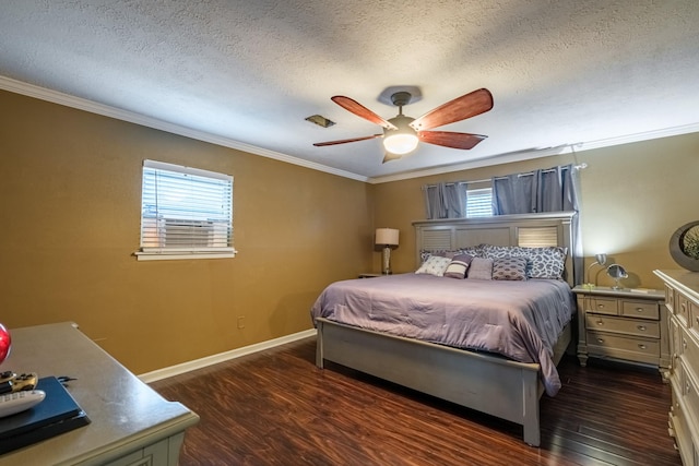 bedroom featuring a textured ceiling, dark hardwood / wood-style floors, ceiling fan, and ornamental molding