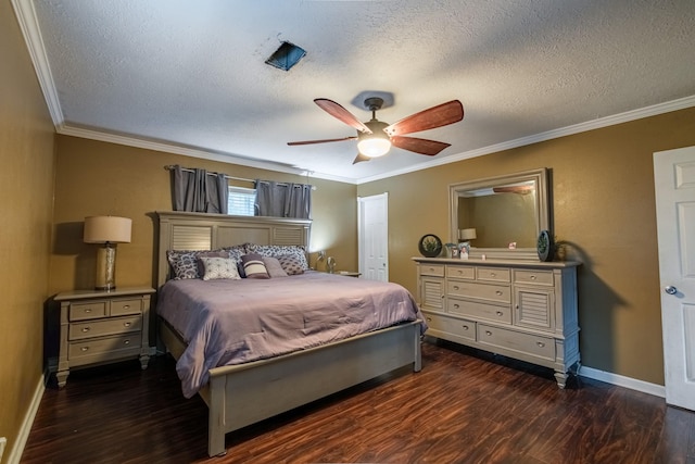 2007 Flynn Dr, Pasadena, TX 77502 - bedroom featuring a textured ceiling, dark wood-style flooring, crown molding, baseboards, and ceiling fan