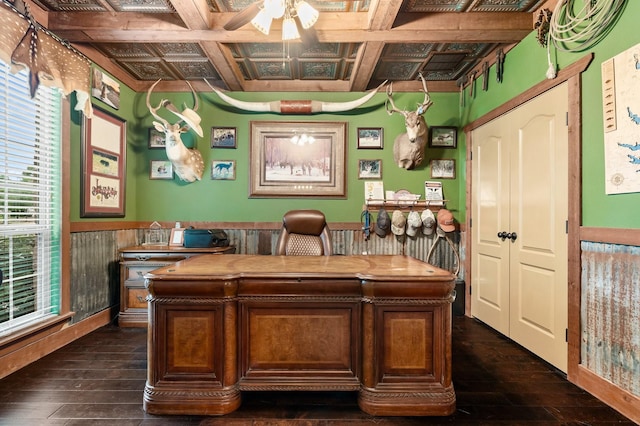 home office with ceiling fan, beam ceiling, dark hardwood / wood-style flooring, and coffered ceiling