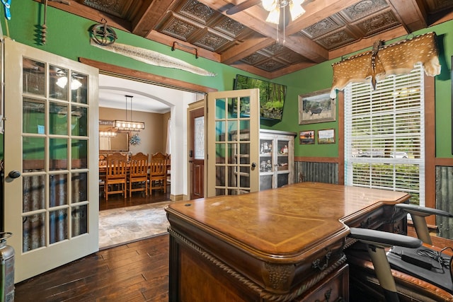 office space featuring coffered ceiling, ceiling fan, dark wood-type flooring, and french doors