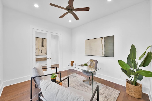 office area featuring hardwood / wood-style flooring and ceiling fan