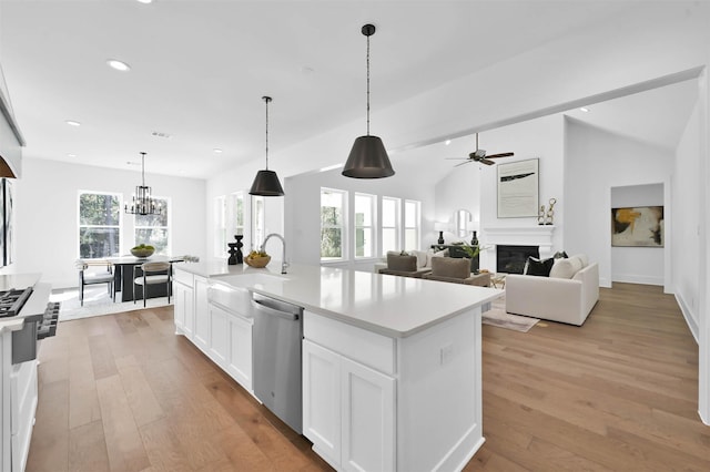 kitchen with plenty of natural light, stainless steel dishwasher, a center island with sink, and light hardwood / wood-style flooring