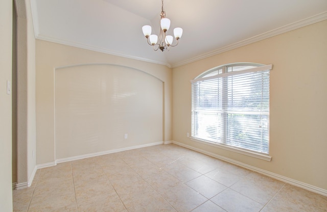 empty room featuring light tile patterned floors, ornamental molding, vaulted ceiling, and a notable chandelier