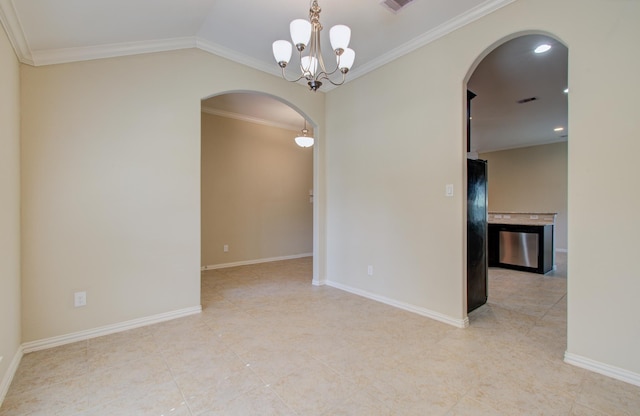 tiled spare room with a notable chandelier, lofted ceiling, and crown molding