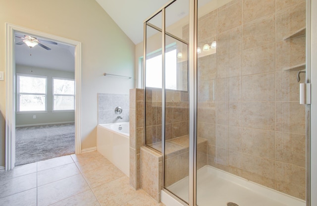 bathroom featuring tile patterned floors, vaulted ceiling, ceiling fan, and independent shower and bath