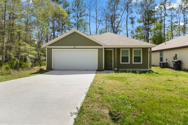 ranch-style house with central AC, a garage, and a front lawn