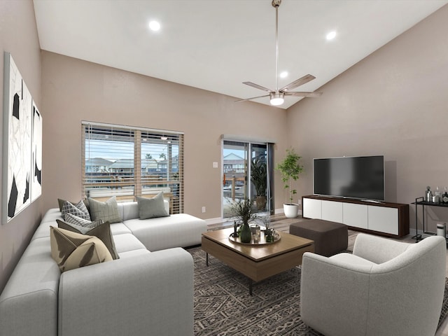 24 N Omega St, La Marque, TX 77568 - living room with ceiling fan and high vaulted ceiling