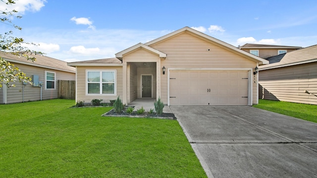 ranch-style home with a front yard and a garage