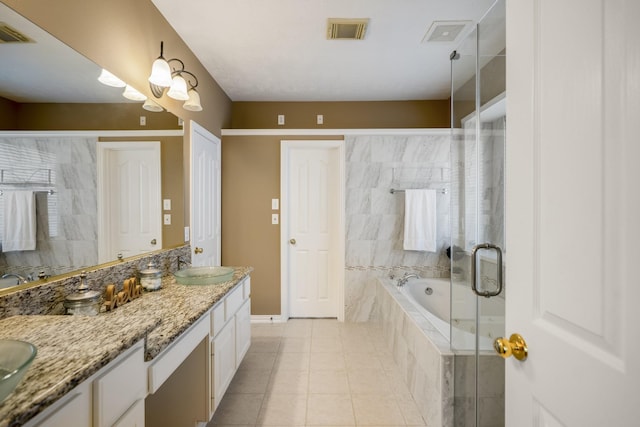 bathroom with tile patterned floors, plus walk in shower, and vanity