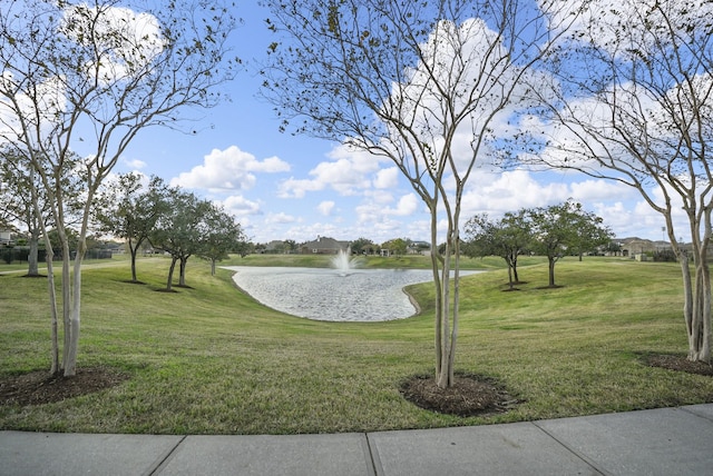 view of community with a water view and a lawn